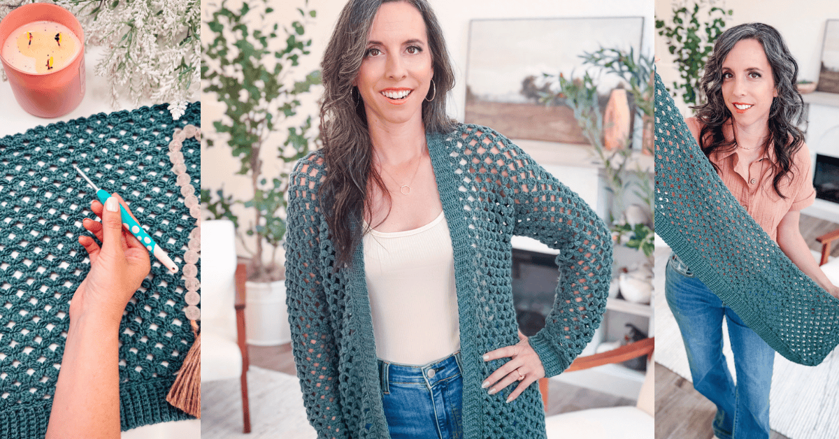 A woman models a green crocheted cardigan; close-up views highlight the detailed crochet cardigan pattern, a crochet hook, and the cardigan held up to display its length.