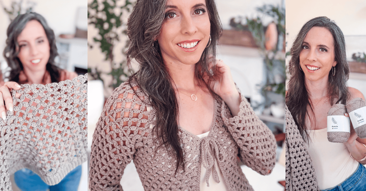 A woman wearing a Circle Leaf Lace Crochet Cardigan poses in three photos, showcasing the pattern's delicate details and holding yarn skeins.
