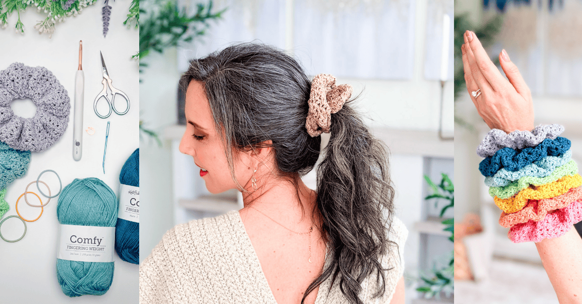 Three-panel image: crochet scrunchies and supplies, a woman wearing a crocheted scrunchie in her hair, and a hand displaying several colorful crocheted scrunchies—perfect to pair with your favorite crochet nesting trays pattern.