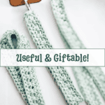 Close-up of three crocheted keychains with metal clasps, labeled "Useful & Giftable!" on a white background with decorative greenery—perfect companions to your favorite crochet nesting trays pattern.