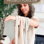 Woman holding three crocheted straps in pastel colors. Text on image reads "Easy Crochet Project You'll Use." Perfect introduction to a crochet nesting trays pattern in an indoor setting with plants and neutral decor.