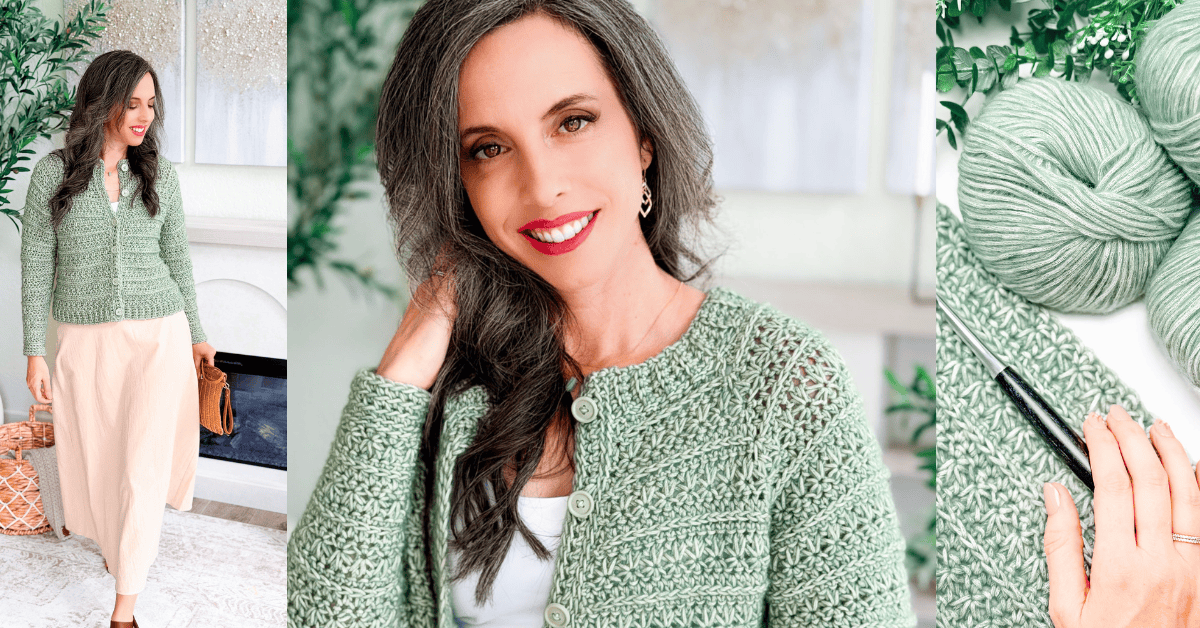 A woman models a green Petal Loop Stitch Crochet Cardigan; close-ups show yarn, a crochet hook, and the detailed texture of the crocheted fabric.