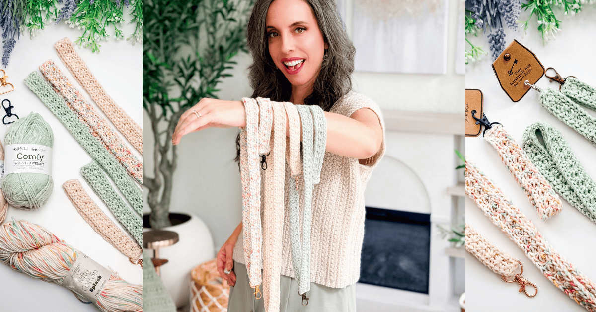 A woman displays several crocheted wrist lanyards draped over her arm, with close-up views of yarn, finished lanyards, and a crochet nesting trays pattern in the background.