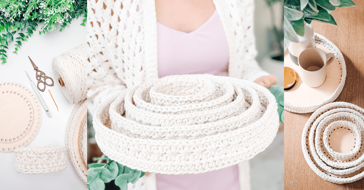 A flat lay of crochet supplies, a person holding crocheted nesting trays, and nested finished crochet trays next to a potted plant.