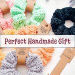 Crocheted hair scrunchies in various colors are arranged on a white surface with brown product tags, under a sign reading "Perfect Handmade Gift." Pairs perfectly with our crochet nesting trays pattern for a coordinated handmade look.