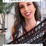 Woman smiling and holding a black lace crochet piece; text reads "Beginner Willow Mesh Stitch Crochet Tutorial" and "Perfect for Wraps & Shawls.
