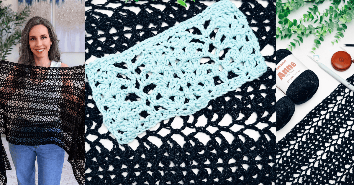A woman holds a black crocheted willow mesh crochet stitch shawl; close-up views show a light blue crochet swatch and black yarn with a crochet hook and pattern details.