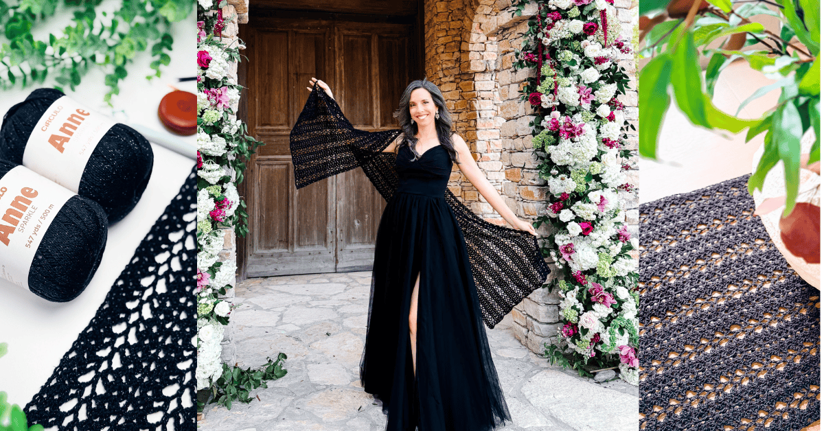 A woman in a sleeveless black dress poses with a matching crochet shawl in front of wooden doors and a floral arch, flanked by close-ups of yarn and fabric, inspired by the Willow Mesh Stitch crochet tutorial.