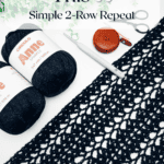 Black crocheted fabric with a lacy pattern, two skeins of black yarn, a crochet hook, scissors, and a tape measure; text reads "You Can Crochet This: Simple 2-Row Repeat" featuring the Willow Mesh Stitch crochet tutorial.