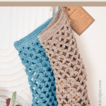 Two crocheted reusable bags, one blue and one beige, hang on a hook against a white wall with a text overlay promoting alternatives to plastic bags.