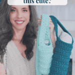 A woman holds two crocheted water bottle holders, one light blue and one teal, with a water bottle inside the teal holder. Text above reads, "Who knew staying hydrated could be this cute?.