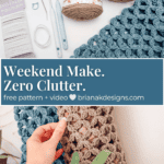 Flat lay of crochet supplies including yarn, hooks, and a finished crocheted item, with text promoting a free pattern and video from brianakdesigns.com.