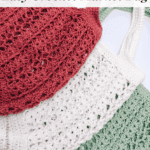 Three crocheted market bags in red, white, and green are displayed overlapping on a white background with the text "Easy Crochet Market Bag" above them.