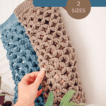 A hand holds a crocheted plastic bag holder in beige; another holder in blue hangs next to it. Text highlights, "Who knew plastic bag holders could be this pretty? 2 sizes.