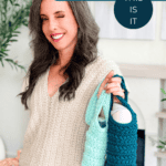 A woman in a beige sweater holds two crocheted bottle holders, one mint and one teal, with text overlay promoting a weekend crochet project.