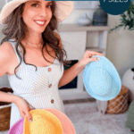 Woman in a striped dress holds three crocheted sun hats in pastel colors, with text promoting a crochet sun hat pattern available in 7 sizes.