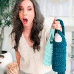 A surprised woman holds two crocheted water bottle holders; text reads, “Done in one afternoon.” Website www.brianakdesigns.com appears at the bottom.