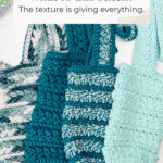Three crocheted bags in different shades of blue and green are displayed with a text overlay that reads, "What IS this stitch? The texture is giving everything.