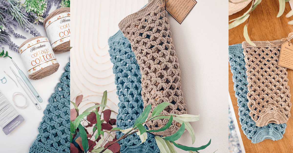 Three images show crochet supplies and two handmade, mesh-patterned crocheted kitchen towels in blue and beige, along with yarn, hooks, and greenery on a wooden table and wall.