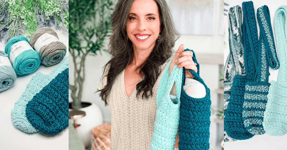 A woman holds two crocheted bottle holders, with yarn and crochet pieces displayed on the left and several finished holders arranged on the right.