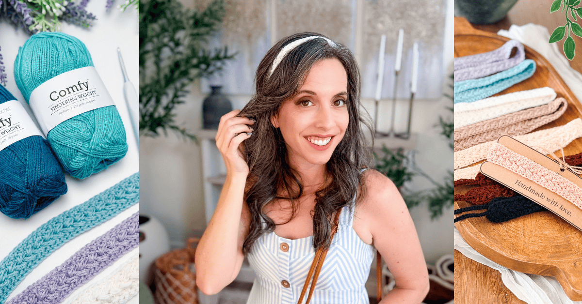 A woman with dark hair and a white headband smiles at the camera; on either side are displays of colorful yarns and handmade crocheted accessories.