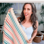 A woman holds a striped crochet blanket with scalloped edges; text above promotes a free petal loop stitch blanket pattern.