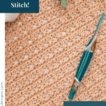 A rectangular swatch of tan crochet fabric lies on a white surface with a green crochet hook and a small branch. Text reads: “Learn the Reed Crossover Stitch!” and “Free Step-by-Step Tutorial.”.