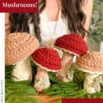A person holds four crocheted mushrooms in beige and red, surrounded by green fern leaves. Text reads: "Crochet the Cutest Mushrooms! Free Pattern + Video Tutorial.