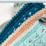Hands holding crochet fabric samples with zig-zag slip stitch borders in teal, peach, and light blue. Text above describes the technique as a simple, versatile border.