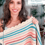 A woman holds up a crocheted striped blanket with scalloped edges. Text reads “Petal Loop Striped Blanket,” “Free Pattern + Video Tutorial,” and “brianakdesigns.com.”.