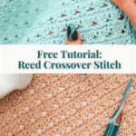 Hands hold light blue crocheted fabric, showcasing the reed crossover stitch; a beige crocheted piece and crochet hook lie beside it. Text reads, "Free Tutorial: Reed Crossover Stitch." Website: brianakdesigns.com.