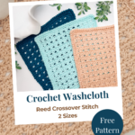 Three crocheted washcloths in navy, aqua, and peach colors are displayed on a tan crocheted mat, with text promoting a free crochet washcloth pattern.