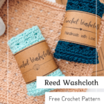 Two crocheted washcloths, one light blue and one dark blue, with brown labels reading "Crochet Washcloth," displayed on a peach crocheted mat with text overlay.