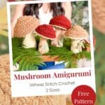 A person holds a tray with crocheted mushrooms in two sizes, displayed among green fern leaves. Text reads "Mushroom Amigurumi, Wheat Stitch Crochet, 2 Sizes, Free Pattern.