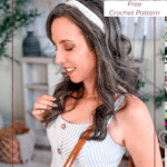 A woman with long wavy hair wears a white crocheted headband and a striped dress, standing indoors next to decorative shelves. Text reads: "Wheatfield Headband, free crochet tie headband pattern.