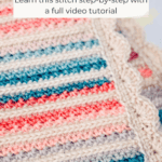 Close-up of a crocheted blanket with striped rows in various colors and a scalloped edge, featuring text about a petal loop stitch striped blanket video tutorial.