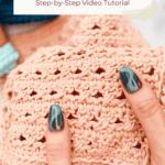 Close-up of hands holding a peach crochet swatch featuring the reed crossover stitch. Text above reads "How to Crochet: The Reed Crossover Stitch Step-by-Step Video Tutorial".