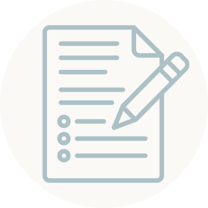 Simple line drawing of a sheet of paper with lines and bullet points, next to a pencil, representing writing or making a crochet sun hat pattern or list.