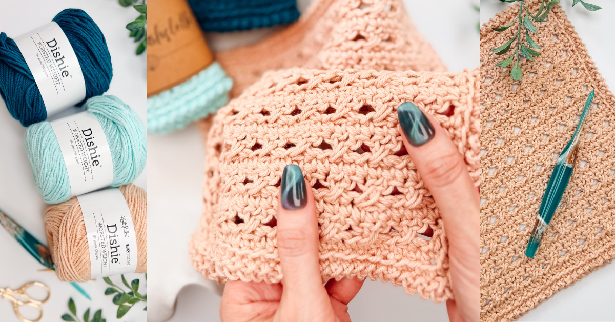 Three images show colorful yarn balls, a person holding a crocheted swatch, and a finished crocheted square with a teal crochet hook placed on top.