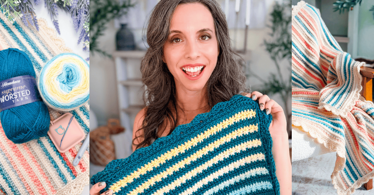 A woman holds a striped crochet blanket with blue, yellow, and cream colors; yarn and finished blanket are also shown.