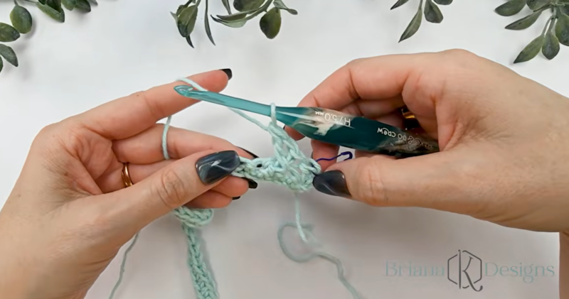 Two hands crocheting with light blue yarn and a teal crochet hook; a partially completed row and leafy plant decorations in the background.