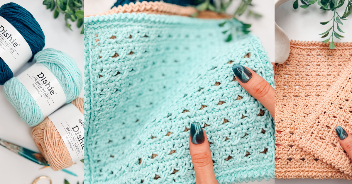 Three images show: skeins of Dishie yarn, a close-up of hands holding light blue crochet fabric with a lacy pattern, and a finished tan crochet piece on a table with greenery.