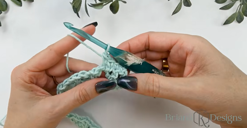 Hands holding a crochet hook and yarn, working on a crochet project with light blue yarn. Green leaves and the "Briar [K] Designs" watermark are visible.