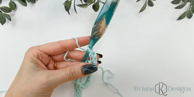 A hand holding a crochet hook and light blue yarn is working on a crochet project. Green leaves are visible at the top, and a Briana K Designs logo is in the lower right corner.