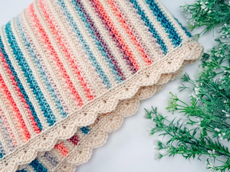 Crocheted blanket with colorful stripes and a scalloped cream border, placed next to green foliage on a white background.