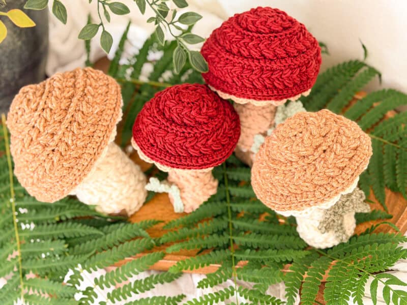 Four crocheted mushrooms, two with red caps and two with tan caps, are arranged on a wooden surface surrounded by green fern leaves.