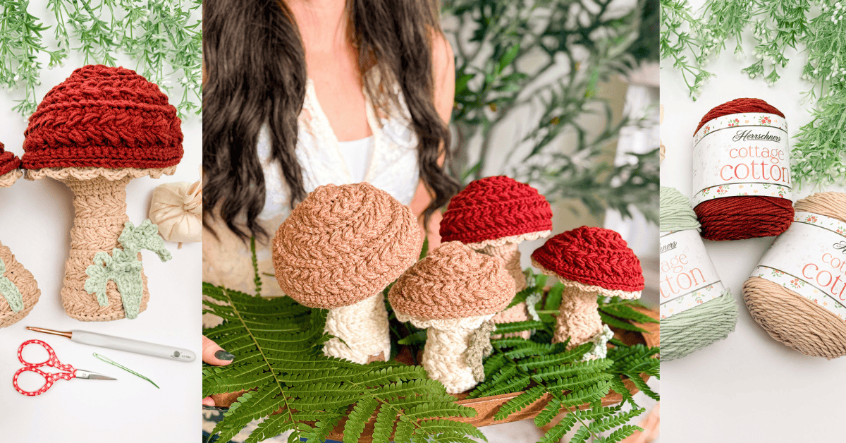 Three-panel image: crocheted mushrooms and craft tools on the left, person holding crocheted mushrooms in the center, and cotton yarn skeins on the right, all surrounded by greenery.