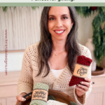 Woman in a cream sweater holds a tray with chevron-patterned washcloths and two rolled washcloths labeled “Merry Christmas” and “Happy Holidays.” Text above promotes Petal Loop Stitch Holiday Chevron Washcloth.