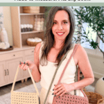 A woman stands indoors holding two crocheted book covers in beige and pink, with a shelf and plants in the background. Text above reads “Reed Crossover Stitch Crochet Book Cover.”.