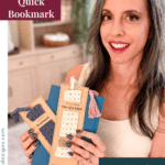 Woman holding three crochet bookmarks labeled "Bookmark" and "One of a Kind," with text promoting a free step-by-step tutorial for making simple crochet bookmarks.